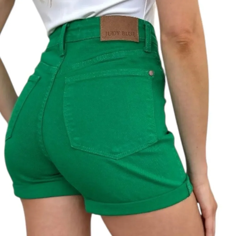 Judy Blue Shorts Green High Rise Tummy Control Cuffed Garment Dyed Stretch Denim - Picture 11 of 16
